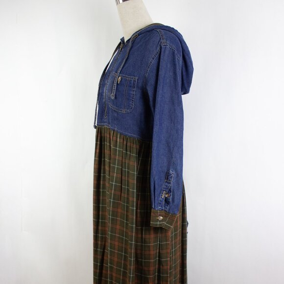 Vtintage Jones New York Denim Maxi Dress Hooded Contrast Plaid Modest Prairie - Picture 5 of 9